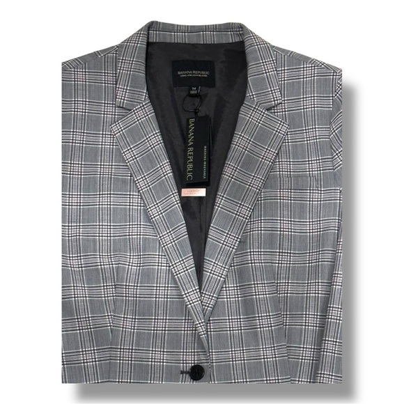 NWT Banana Republic Long & Lean-Fit Plaid Blazer Size 14 Gray Wool Blend - Picture 2 of 5